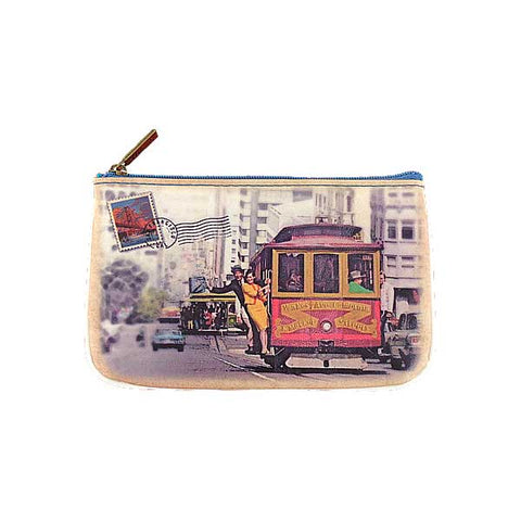 Mlavi vintage style San Francisco Cable Car poster print vegan small pouch/coin pursefor everyday use, gift for family & friends. Wholesale at www.mlavi.com