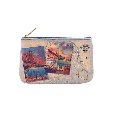 Mlavi Studio's vintage style San Francisco Golden Gate Bridge postcards print vegan small pouch/coin purse. Great for everyday use, gift for family & friends. Wholesale at www.mlavi.com to gift shop, clothing & fashion accessories boutiques, book stores, souvenir shops in USA.