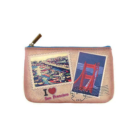 Mlavi vintage style San Francisco stamps print vegan small pouch/coin pursefor everyday use, gift for family & friends. Wholesale at www.mlavi.com