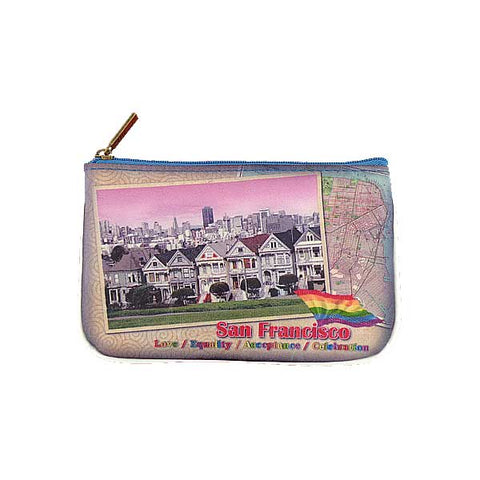 Mlavi vintage style San Francisco  the Castro neighborhood and rainbow flag print vegan small pouch/coin pursefor everyday use, gift for family & friends. Wholesale at www.mlavi.com