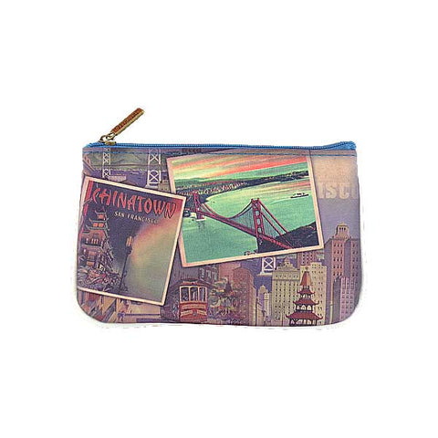 Mlavi vintage style San Francisco Chinatown & Golden Gate Bridge print vegan small pouch/coin pursefor everyday use, gift for family & friends. Wholesale at www.mlavi.com
