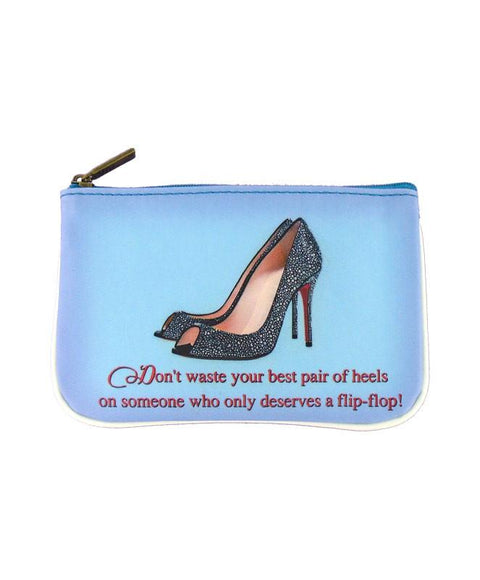 Mlavi Studio's Eco-friendly, cruelty-free Shoe lovers' funky vegan small pouch with humorous quote.
