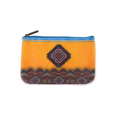 Mlavi's Eco-friendly vegan leather small pouch/coin purse with Ukrainian golden yellow & blue embroidery pattern print. It's great for everyday use & a unique gift for yourself & family & friends. More Ukraine themed bags, wallets & other fashion accessories are available for wholesale at www.mlavi.com for gift & boutique buyers worldwide.
