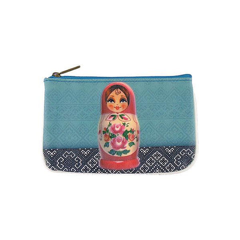 Mlavi Eco-friendly vegan leather small pouch/coin purse with Nesting doll Ukrainian girl printgreat for everyday use &  gift idea for family & friends. wholesale at www.mlavi.com