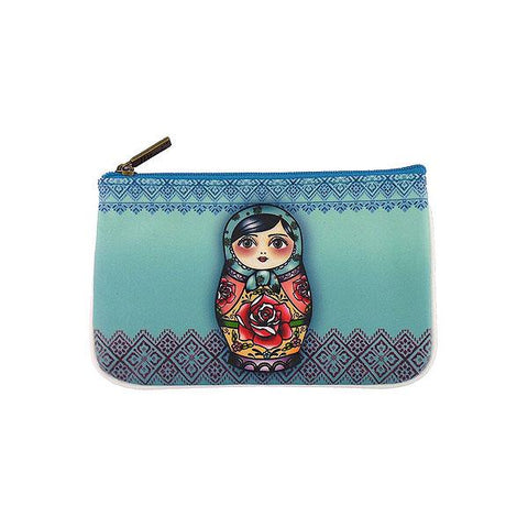 Mlavi Eco-friendly vegan leather small pouch/coin purse with Nesting doll Ukrainian girl printgreat for everyday use &  gift idea for family & friends. wholesale at www.mlavi.com