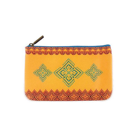 Mlavi's Eco-friendly vegan leather small pouch/coin purse with Ukrainian golden yellow & blue embroidery pattern print. It's great for everyday use & a unique gift for yourself & family & friends. More Ukraine themed bags, wallets & other fashion accessories are available for wholesale at www.mlavi.com for gift & boutique buyers worldwide.