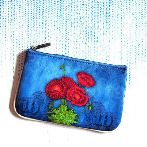 Mlavi Eco-friendly vegan leather small pouch/coin purse with Poppy flower & Ukrainian embroidery pattern printgreat for everyday use &  gift idea for family & friends. wholesale at www.mlavi.com