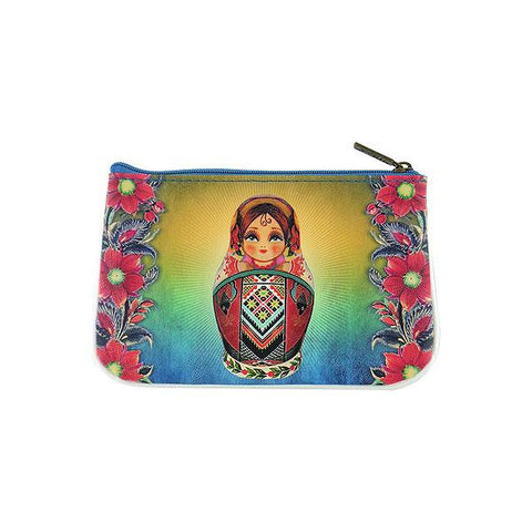 Mlavi's Eco-friendly vegan leather small pouch/coin purse with Nesting doll Ukrainian girl print. It's great for everyday use & a unique gift for yourself & family & friends. More Ukraine themed bags, wallets & other fashion accessories are available for wholesale at www.mlavi.com for gift & boutique buyers worldwide.