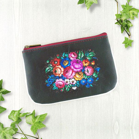 Mlavi's Eco-friendly vegan leather small pouch/coin purse with Ukrainian flower print. It's great for everyday use & a unique gift for yourself & family & friends. More Ukraine themed bags, wallets & other fashion accessories are available for wholesale at www.mlavi.com for gift & boutique buyers worldwide.
