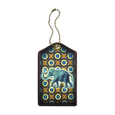 Mlavi vegan leather vintage style luggage tag features elephant illustration on the African textile pattern background. A great gift idea for yourself & your friends & family. More whimsical animal themed fashion accessories are available for wholesale at www.mlavi.com for gift & boutique buyer.
