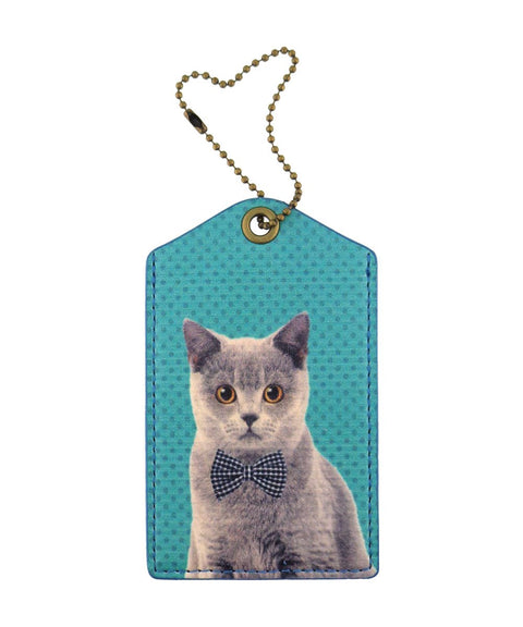 Mlavi cat with bow tie vegan leather luggage tag