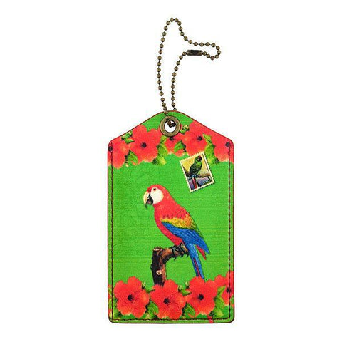 Mlavi vegan leather vintage style luggage tag features whimsical parrot  & hibiscus flower illustration. A great gift idea for yourself & your friends & family. More whimsical fashion accessories are available for wholesale at www.mlavi.com for gift shop,  , fashion accessories & clothing boutique buyers in Canada, USA & worldwide.