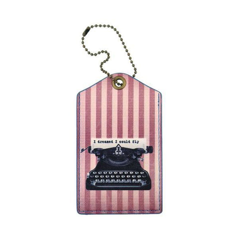 cool retro typewriter print vegan luggage tag made with SGS tested cruelty-free Eco-friendly cruelty free vegan materials. Wholesale available at www.mlavi.com for gift shop, fashion accessories & clothing boutique in Canada, USA & worldwide.