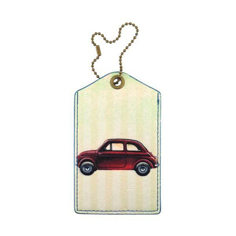 cool retro Fiat car print vegan luggage tag made with SGS tested cruelty-free Eco-friendly cruelty free vegan materials. Wholesale available at www.mlavi.com for gift shop, fashion accessories & clothing boutique in Canada, USA & worldwide.