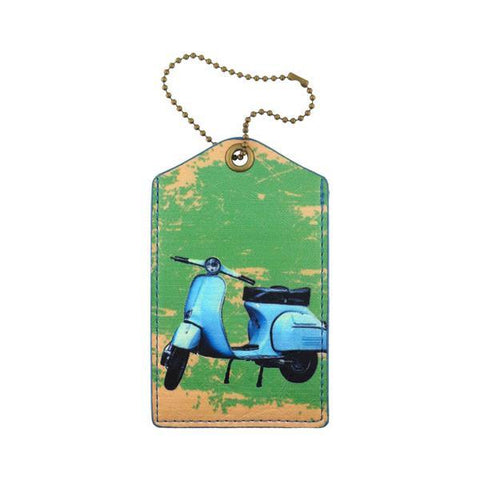 cool retro scooter print vegan luggage tag made with SGS tested cruelty-free Eco-friendly cruelty free vegan materials. Wholesale available at www.mlavi.com for gift shop, fashion accessories & clothing boutique in Canada, USA & worldwide.