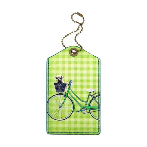 cool retro bicycle print vegan luggage tag made with SGS tested cruelty-free Eco-friendly cruelty free vegan materials. Wholesale available at www.mlavi.com for gift shop, fashion accessories & clothing boutique in Canada, USA & worldwide.