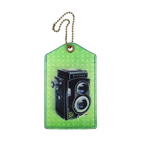cool retro camera print vegan luggage tag made with SGS tested cruelty-free Eco-friendly cruelty free vegan materials. Wholesale available at www.mlavi.com for gift shop, fashion accessories & clothing boutique in Canada, USA & worldwide.