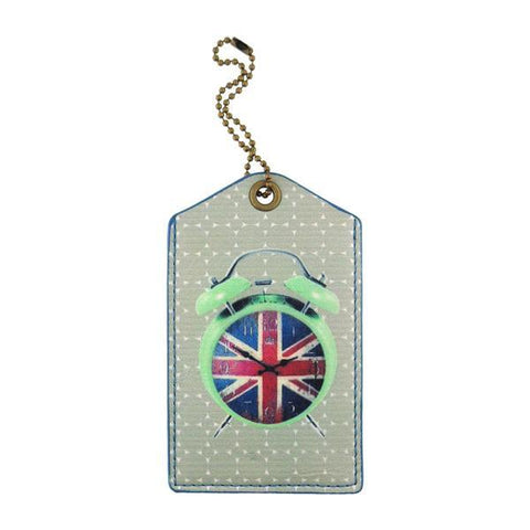 cool retro union jack clock print vegan luggage tag made with SGS tested cruelty-free Eco-friendly cruelty free vegan materials. Wholesale available at www.mlavi.com for gift shop, fashion accessories & clothing boutique in Canada, USA & worldwide.