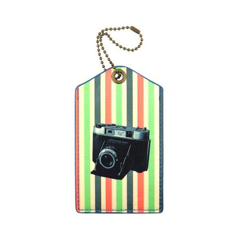 cool retro camera print vegan luggage tag made with SGS tested cruelty-free Eco-friendly cruelty free vegan materials. Wholesale available at www.mlavi.com for gift shop, fashion accessories & clothing boutique in Canada, USA & worldwide.