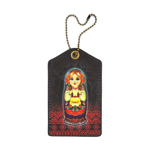 Mlavi vegan leather luggage tag for women with Nesting doll Ukrainian girl print. Great for everyday use & a unique gift for yourself & family & friends. More Ukraine themed bags, wallets & other fashion accessories are available for 