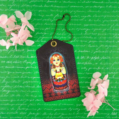 Mlavi vegan leather luggage tag for women with Nesting doll Ukrainian girl print. Great for everyday use & a unique gift for yourself & family & friends. More Ukraine themed bags, wallets & other fashion accessories are available for 