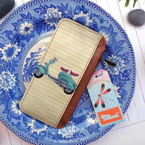 Mlavi studio's cool retro scooter print vegan cardholder made with cruelty-free Eco-friendly vegan materials. Great for everyday use, travel & as gift for family & friends. Wholesale at www.mlavi.com for gift shops, fashion accessories & clothing boutiques, book stores in Canada, USA & worldwide.