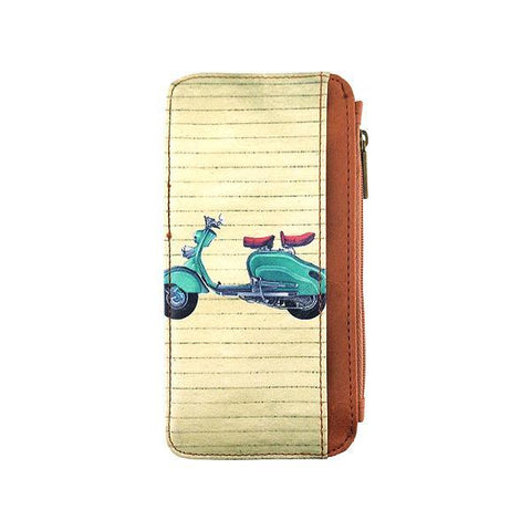 Mlavi studio's cool retro scooter print vegan cardholder made with cruelty-free Eco-friendly vegan materials. Great for everyday use, travel & as gift for family & friends. Wholesale at www.mlavi.com for gift shops, fashion accessories & clothing boutiques, book stores in Canada, USA & worldwide.