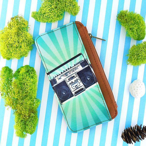 Mlavi studio's cool retro boombox print vegan cardholder made with cruelty-free Eco-friendly vegan materials. Great for everyday use, travel & as gift for family & friends. Wholesale at www.mlavi.com for gift shops, fashion accessories & clothing boutiques, book stores in Canada, USA & worldwide.