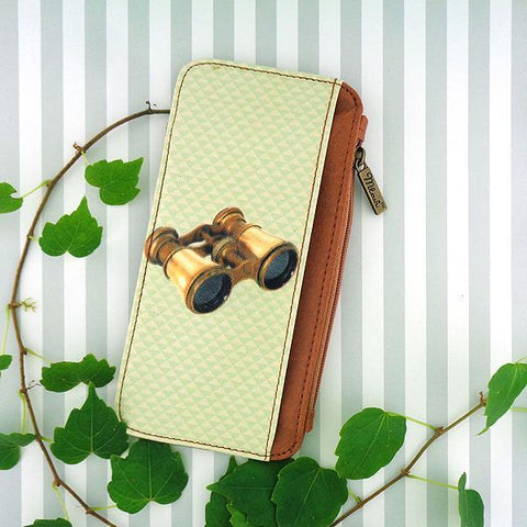 Mlavi studio's cool retro bincoculars print vegan cardholder made with cruelty-free Eco-friendly vegan materials. Great for everyday use, travel & as gift for family & friends. Wholesale at www.mlavi.com for gift shops, fashion accessories & clothing boutiques, book stores in Canada, USA & worldwide.