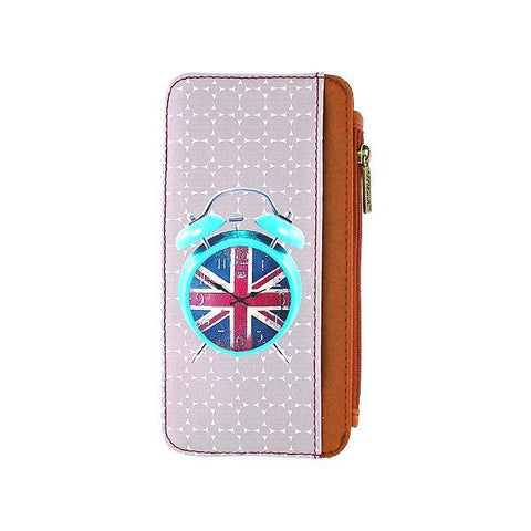 Mlavi studio's cool retro union jack clock print vegan cardholder made with cruelty-free Eco-friendly vegan materials. Great for everyday use, travel & as gift for family & friends. Wholesale at www.mlavi.com for gift shops, fashion accessories & clothing boutiques, book stores in Canada, USA & worldwide.