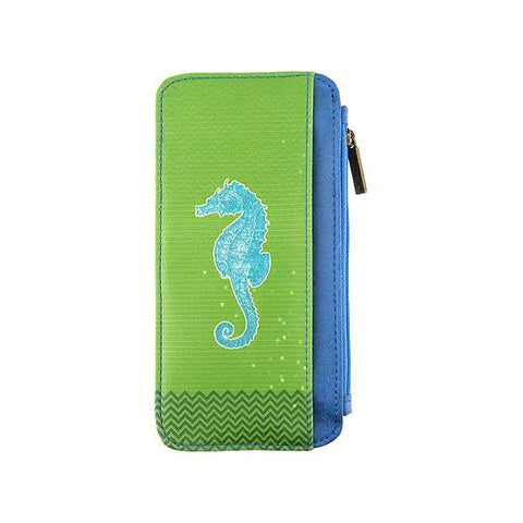 Eco-friendly, cruelty-free, ethically made seahorse print vegan cardholder by Mlavi Studio. Great for travel or as gift for family & friends. Wholesale at www.mlavi.com to gift shop, clothing & fashion accessories boutiques, book stores.