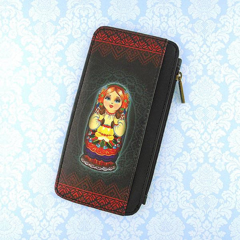 Mlavi's Eco-friendly vegan leather cardholder with Nesting doll Ukrainian girl print. It's great for everyday use & a unique gift for yourself & family & friends. More Ukraine themed bags, wallets & other fashion accessories are available for wholesale at www.mlavi.com for gift & boutique buyers worldwide.