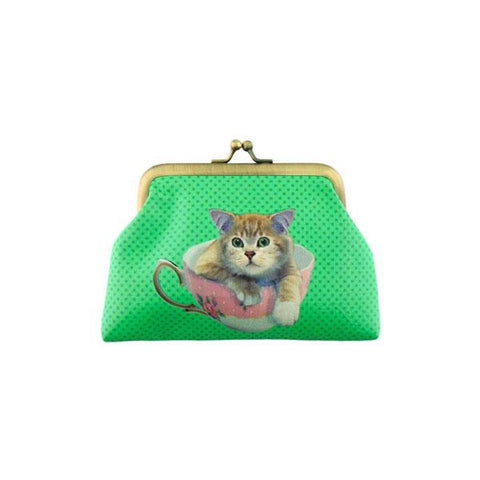 Mlavi cute cat in a teacup retro style kiss lock frame vegan leather coin purse for everyday use & gift idea for family & friends. Wholesale at www.mlavi.com
