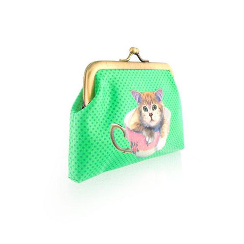 Mlavi cute cat in a teacup retro style kiss lock frame vegan leather coin purse for everyday use & gift idea for family & friends. Wholesale at www.mlavi.com