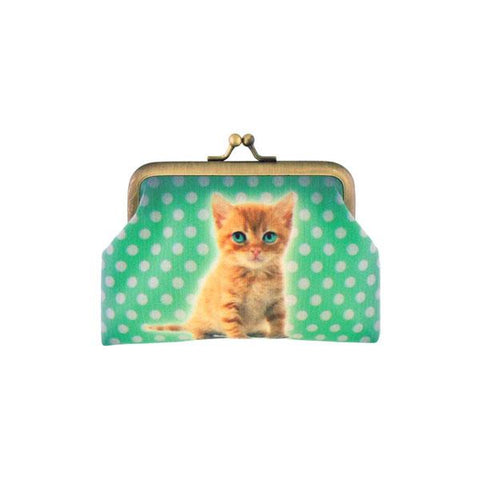 Eco-friendly, cruelty-free, ethically made vegan/vegan leather kiss lock frame coin purse with cute cat print by Mlavi. Wholesale available at http://mlavi.com along with other whimsical fashion accessories
