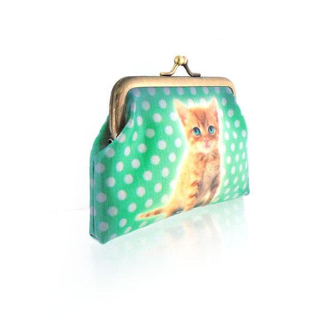 Mlavi green eye kitten print retro style kiss lock frame vegan leather coin purse for everyday use & gift idea for family & friends. Wholesale at www.mlavi.com