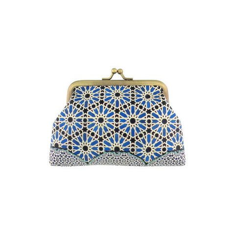 Mlavi Studio's vintage/retro style vegan kiss frame coin purse with Moroccan pattern print. Can carry credit cards, changes & lipstick. Great for everyday use & gift for friends & family. Wholesale at www.mlavi.com for gift shops, fashion accessories & clothing boutiques, museum stores worldwide.