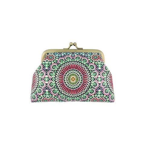 Mlavi Studio's vintage/retro style vegan kiss frame coin purse with Moroccan pattern print. Can carry credit cards, changes & lipstick. Great for everyday use & gift for friends & family. Wholesale at www.mlavi.com for gift shops, fashion accessories & clothing boutiques, museum stores worldwide.