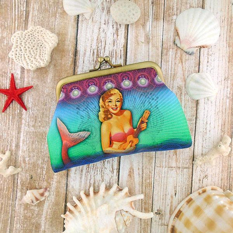 Mlavi Eco-friendly, cruelty-free, ethically made kiss lock frame coin purse with pinup girl style mermaid printfor everyday use or gift idea for family & friends. Wholesale at www.mlavi.com