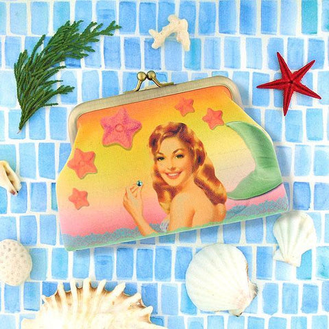 Mlavi Eco-friendly, cruelty-free, ethically made kiss lock frame coin purse with pinup girl style mermaid print. Great for everyday use or as whimsical gift for family & friends. Wholesale at www.mlavi.com to gift shop, clothing & fashion accessories boutiques, book stores worldwide.