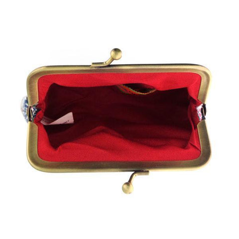 Mlavi Studio's vintage/retro style vegan kiss frame coin purse with Moroccan pattern print. Can carry credit cards, changes & lipstick. Great for everyday use & gift for friends & family. Wholesale at www.mlavi.com for gift shops, fashion accessories & clothing boutiques, museum stores worldwide.