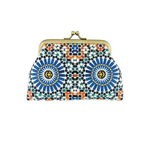 Mlavi Studio's vintage/retro style vegan kiss frame coin purse with Moroccan pattern print. Can carry credit cards, changes & lipstick. Great for everyday use & gift for friends & family. Wholesale at www.mlavi.com for gift shops, fashion accessories & clothing boutiques, museum stores worldwide.