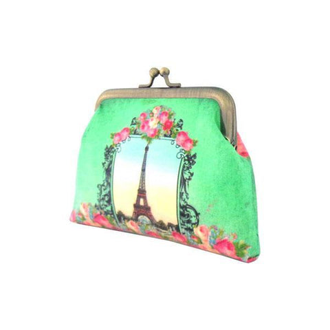 Mlavi's vintage style Paris Eiffel tower print vegan kiss lock frame coin purse made with durable, Eco-friendly vegan materials. Great for everyday use & gift idea for family & friends! Wholesale at www.mlavi.com for gift shops, fashion accessories & clothing boutiques in Canada, USA and worldwide.