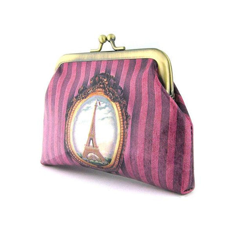 Mlavi's vintage style Paris Eiffel tower print vegan kiss lock frame coin purse made with durable, Eco-friendly vegan materials. Great for everyday use & gift idea for family & friends! Wholesale at www.mlavi.com for gift shops, fashion accessories & clothing boutiques in Canada, USA and worldwide.