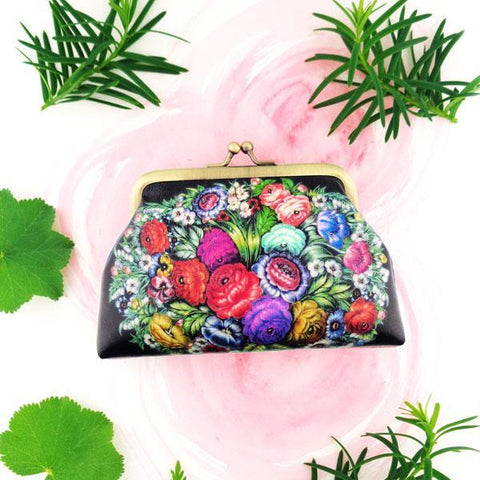 Mlavi Studio Russian Zhostovo style flower print vintage look kiss lock frame coin purse made with Eco-friendly & cruelty free vegan materials. Gift & boutique buyer order wholesale at www.mlavi.com for ethically made fashion accessories--bags, wallets, purses, coin purses, travel accessories & gifts.