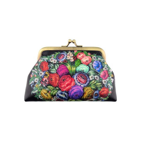 Mlavi Studio Russian Zhostovo style flower print vintage look kiss lock frame coin purse made with Eco-friendly & cruelty free vegan materials. Gift & boutique buyer order wholesale at www.mlavi.com for ethically made fashion accessories--bags, wallets, purses, coin purses, travel accessories & gifts.