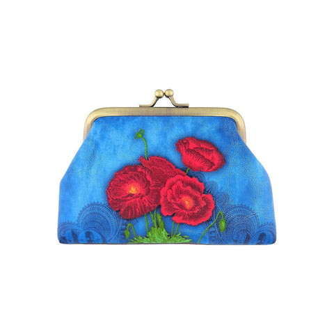 Mlavi's Ukrainian embroidery pattern & poppy flower print kiss lock frame vegan leather coin purse. Great for everyday use & a unique gift for yourself & family & friends. More Ukraine themed bags, wallets & other fashion accessories are available for wholesale at www.mlavi.com for gift & boutique buyers worldwide.