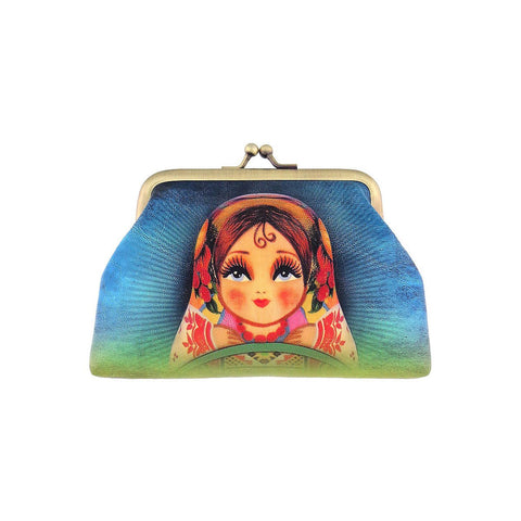 Mlavi's Nesting doll Ukrainian girl kiss lock frame vegan leather coin purse. Great for everyday use & a unique gift for yourself & family & friends. More Ukraine themed bags, wallets & other fashion accessories are available for wholesale at www.mlavi.com for gift & boutique buyers worldwide.