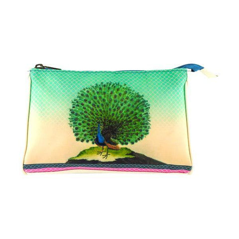 Mlavi vegan leather vintage style makeup pouch features whimsical peacock illustration. A great gift idea for yourself & your friends & family. More whimsical fashion accessories are available for wholesale at www.mlavi.com for gift shop,  , fashion accessories & clothing boutique buyers in Canada, USA & worldwide.