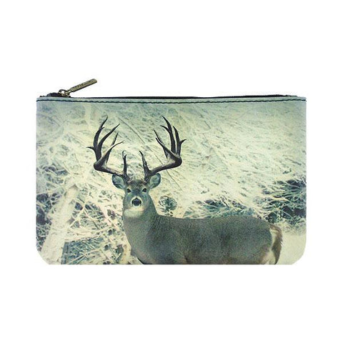 Mlavi deer in snowy forest print vegan flat medium pouch